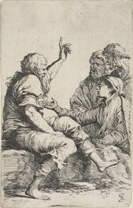 Een bebaarde oude man zittend op een rots en een vermanend gebaar makend naar drie mannen tegenover hem, uit de Figurine-serie door Salvator Rosa