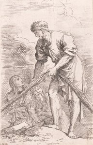 Een man die een net trekt met twee figuren achter hem, uit de serie 