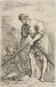 Een man trekt een net, met twee figuren achter hem, uit de Figurine-serie door Salvator Rosa