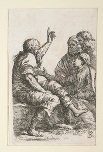 Een oude man praat met drie mannen
