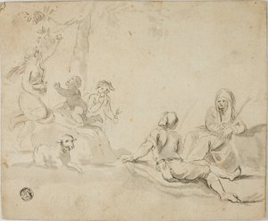 Appeloogsters en rustende herders door Salvator Rosa