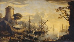 Haven bij zonsondergang door Salvator Rosa