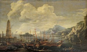 Haven met Vuurtoren en Schepen door Salvator Rosa