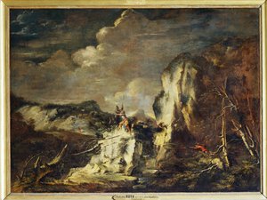 Rotsachtig landschap met een jager en krijgers - Een ... door Salvator Rosa