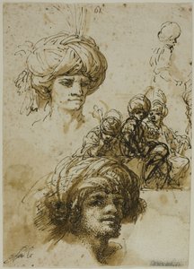 Schetsen van gebruinde mannen (recto); Fragment van een figuur en schetsen van gebladerd architectonisch ornament (verso) door Salvator Rosa
