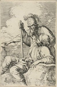 Drie Krijgers, een zittend op een voorgrondrots met een staf; de tweede staat achter hem en wijst, de derde is te zien als een gezicht achter hen, uit de Figurine-serie door Salvator Rosa