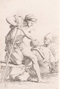 Twee mannen zittend en een andere man met een staf knielend op een rots, uit de serie, ca. 1656-1657