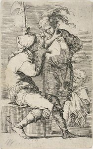 Twee krijgers, een met een zwaard, de ander met een hellebaard; een oude bebaarde man achter hen, uit Figurine door Salvator Rosa