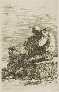 Twee krijgers, één zittend in slaap op een rots op de voorgrond, uit de Figurineserie door Salvator Rosa