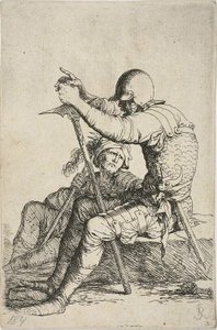 Twee krijgers, een zittend op een lage voorgrond rots en een oorlogshamer vasthoudend; de andere figuur zittend op de grond achter hem, een knots over zijn rechter schouder houdend en omhoog kijkend naar de voorgrond figuur, uit de Figurine serie door Salvator Rosa
