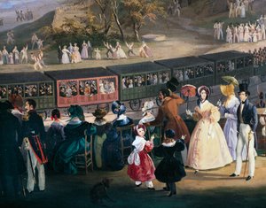 Ferdinand II in de trein tijdens de eerste reis van de spoorweg Napels-Portici, 4 oktober door Salvatore Fergola