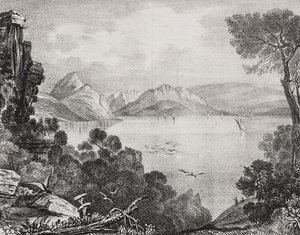 Oude ruïnes beschouwd als die van het paleis van Ulysses op het eiland Calypso, eiland Corcyra (nu Corfu), Ionische Eilanden, Griekenland, lithografie uit Poliorama Pittoresco, nr. 22, 4 januari door Salvatore Puglia