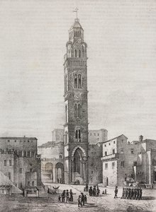 Klokkentoren van de kathedraal van Gaeta, Lazio, Italië, lithografie door Salvatore Puglia naar een tekening van Pasquale Mattei (1813-1879), uit Poliorama Pittoresco, nr. 48, 6 juli door Salvatore Puglia