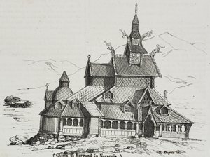 Borgund staafkerk, Noorwegen, lithografie door Salvatore Puglia uit Poliorama Pittoresco, nr. 40, 14 mei