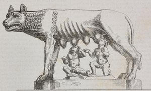 Capitolijnse wolvin, bronzen beeld, Rome, Lazio, Italië, lithografie uit Poliorama Pittoresco, nr. 25, 25 januari