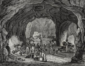 Grot bij de Rots van Gibraltar, Spanje, lithografie door Salvatore Puglia uit Poliorama Pittoresco, nr. 20, 24 december