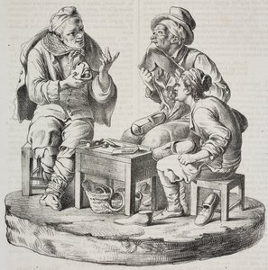 Schoenmaker in geschil, beeldjes door Giacomo Bongiovanni en Giuseppe Vaccaro, lithografie door Salvatore Puglia uit Poliorama Pittoresco, nr. 32, 18 maart