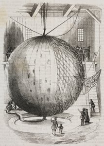 Koperen heteluchtballon uitgevonden door Edmond Marey-Monge, Frankrijk, lithografie door Salvatore Puglia uit Poliorama Pittoresco, nr. 41, 18 mei door Salvatore Puglia