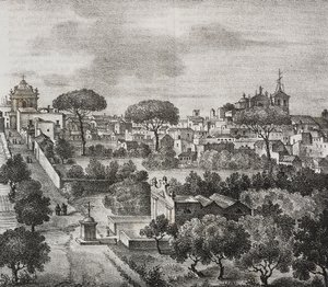 Oostelijk zicht op Mesagne, Apulië, Italië. Lithografie door Salvatore Puglia uit Poliorama Pittoresco