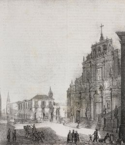Voorgevel van de Basiliek van San Sebastiano in Acireale, Sicilië, Italië. Lithografie door Salvatore Puglia uit Poliorama Pittoresco