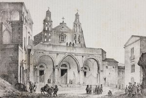 Voorgevel van de kathedraal van Sessa Aurunca, Campania, Italië, lithografie door Salvatore Puglia naar een tekening van Pasquale Mattei (1813-1879) uit Poliorama Pittoresco, nr. 42, 24 mei door Salvatore Puglia