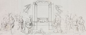 Fontignano Geboorte, Aanbidding van de herders, lithografie naar schilderij van Pietro Perugino uit Poliorama Pittoresco, nr. 42, 24 mei door Salvatore Puglia