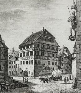 Huis van Albrecht Dürer (1471-1528) in Neurenberg, Duitsland, lithografie door Salvatore Puglia uit Poliorama Pittoresco, nr. 31, 12 maart