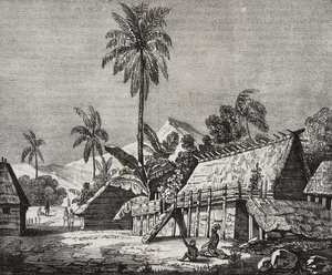 Huis van de koningin van Noukahiva-eiland, Marquesas-eilanden, Frans-Polynesië, lithografie door Salvatore Puglia uit Poliorama Pittoresco, nr. 37, 22 april door Salvatore Puglia