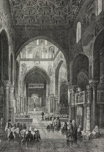 Interieur van de Palatijnse Kapel in Palazzo dei Normanni of Koninklijk Paleis in Palermo, Sicilië, Italië, lithografie door Salvatore Puglia uit Poliorama Pittoresco, nr. 41, 21 mei door Salvatore Puglia