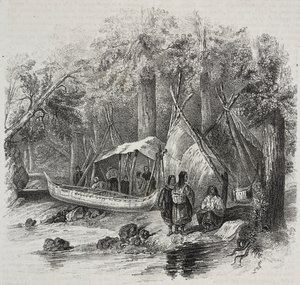 Inheemse Amerikanen in Canada, lithografie door Salvatore Puglia uit Poliorama Pittoresco, nr. 43, 3 juni