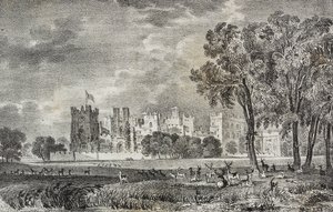 Kasteel van Raby, Durham, Engeland, Verenigd Koninkrijk, lithografie door Salvatore Puglia uit Poliorama Pittoresco, nr. 42, 27 mei