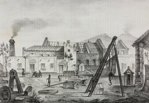 Reale Opificio meccanico (Koninklijke Mechanische Fabriek) in Pietrarsa, Campania, Italië, lithografie door Gaetano Riccio uit Poliorama Pittoresco, nr. 39, 7 mei door Salvatore Puglia
