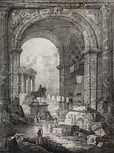 Romeinse ruïnes, schilderij door Hubert Robert. Lithografie door Salvatore Puglia uit Poliorama Pittoresco