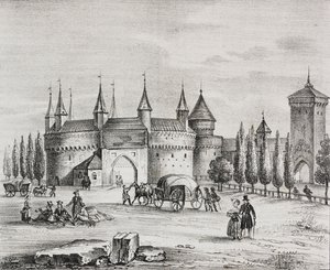 Sint-Floriaanspoort, Krakau, Polen, lithografie door Salvatore Puglia uit Poliorama Pittoresco, nr. 22, 4 januari