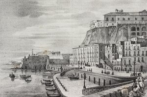 Uitzicht op Borgo Santa Lucia, Napels, Campania, Italië, lithografie door Salvatore Puglia uit Poliorama Pittoresco, nr. 36, 15 april