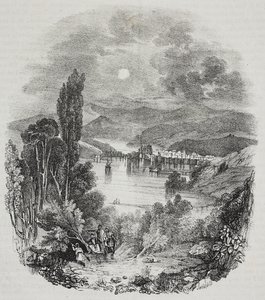 Uitzicht op het Cephissus-meer in Boeotië, Griekenland, lithografie door Salvatore Puglia uit Poliorama Pittoresco, nr. 9, 8 oktober
