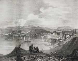 Uitzicht op Corfu vanaf de berg Oliveto, Ionische Eilanden, Griekenland, lithografie door Salvatore Puglia uit Poliorama Pittoresco, nr. 25, 25 januari