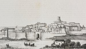 Zicht op Crotone, Calabrië, Italië. Lithografie door Salvatore Puglia uit Poliorama Pittoresco door Salvatore Puglia