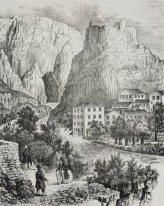 Uitzicht op Fontaine-de-Vaucluse, Frankrijk, lithografie door Sardi uit Poliorama Pittoresco, nr. 51, 30 juli