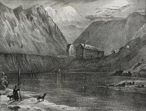 Uitzicht op het hospice van de Grote Sint-Bernard vanaf het meer, grens Italië-Zwitserland, lithografie door Salvatore Puglia uit Poliorama Pittoresco, nr. 9, 9 oktober door Salvatore Puglia