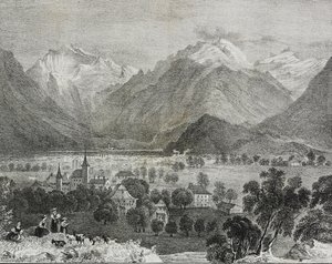 Uitzicht op Interlaken, Zwitserland, lithografie door Salvatore Puglia uit Poliorama Pittoresco, nr. 36, 16 april door Salvatore Puglia