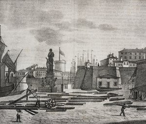 Zicht op de haven van Livorno, Toscane, Italië. Lithografie door Salvatore Puglia uit Poliorama Pittoresco
