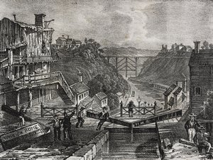 Uitzicht op Lockport, in de staat New York, Verenigde Staten van Amerika, lithografie uit Poliorama Pittoresco, nr. 1, 10 augustus door Salvatore Puglia