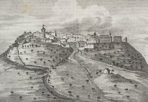 Uitzicht op Montefuscolo, tegenwoordig Montefusco, Campania, Italië, lithografie uit Poliorama Pittoresco, nr. 41, 20 mei