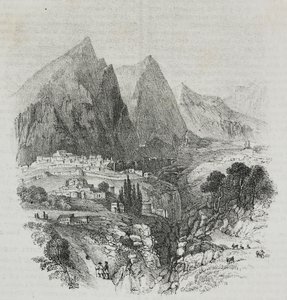Uitzicht op de berg Parnassus vanuit Delphi, Griekenland, lithografie door Salvatore Puglia uit Poliorama Pittoresco, nr. 46, 25 juni door Salvatore Puglia