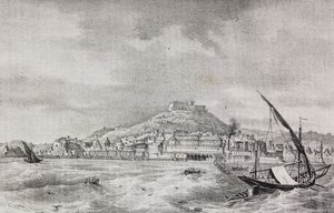 Uitzicht op Napels vanaf de zee, Campania, Italië, lithografie door Salvatore Puglia uit Poliorama Pittoresco, nr. 2, 17 augustus