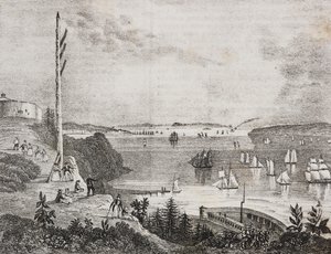 Zicht op de baai van New York vanaf het telegraafstation, Verenigde Staten van Amerika. Lithografie door Salvatore Puglia uit Poliorama Pittoresco door Salvatore Puglia
