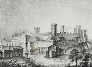 Uitzicht op Oria, Apulië, Italië, lithografie door Salvatore Puglia uit Poliorama Pittoresco, nr. 13, 6 november