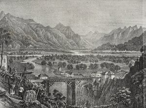 Uitzicht op de Ossola-vallei vanaf Sempione, Piëmont, Italië, lithografie door Salvatore Puglia uit Poliorama Pittoresco, nr. 28, 18 februari