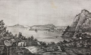 Uitzicht op Posillipo vanaf het terras van monseigneur Di Pietro, Campania, Italië, lithografie uit Poliorama Pittoresco, nr. 32, 16 maart door Salvatore Puglia